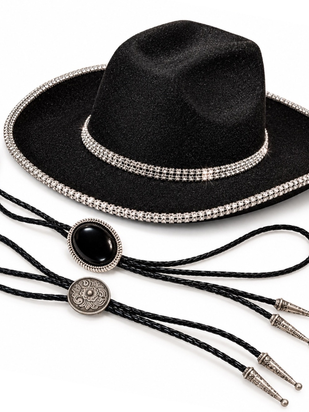 Black Rhinestone Cowboy Hat + 2 Bolo Ties Set